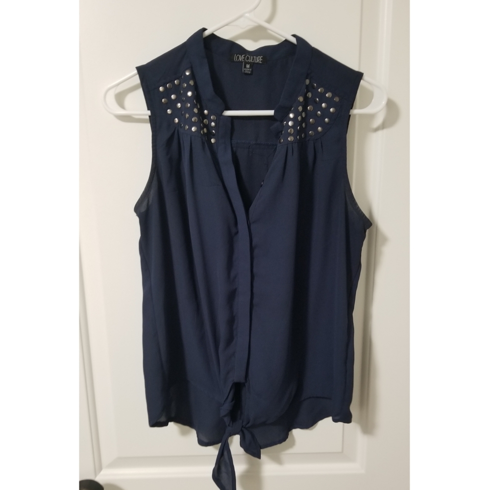Navy tie front sleeveless blouse